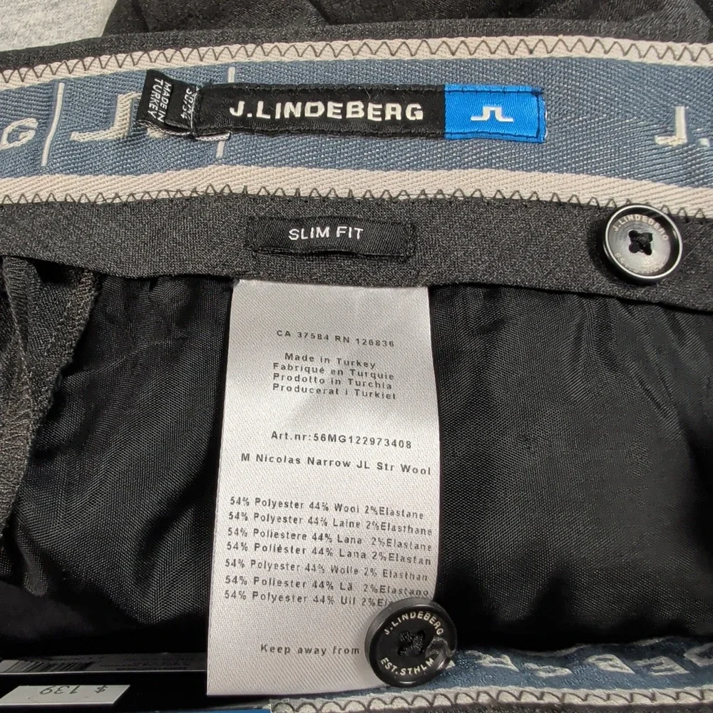 J.Lindeberg Nicolas Narrow Slim Fit Stretch Wool Trousers Dark Grey 30x34